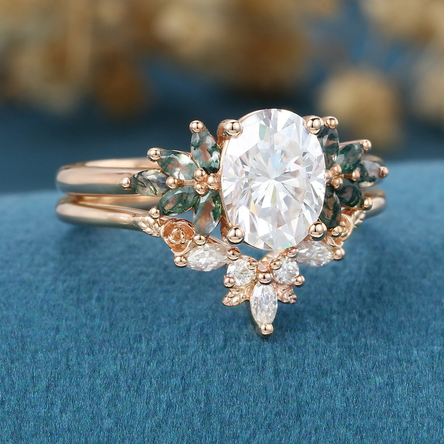 Oval Cut Moissanite+Moss Agate Rose Gold Wedding Bridal set