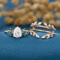 Pear cut Lab Grown Diamond + Moss agate Wedding bridal set