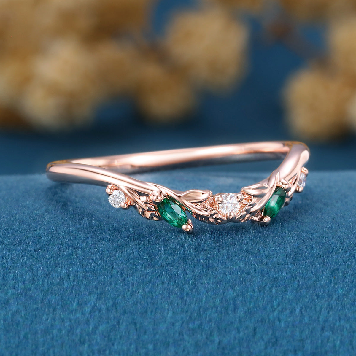 Marquise Cut Lab Emerald + Diamonds Curved Wedding Band