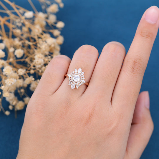 Bezel Set Round cut Halo Moissanite | Diamond Gold Engagement Ring