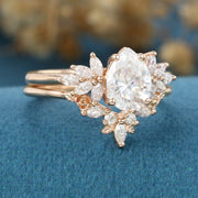 1.2Carat Pear cut Moissanite Engagement Ring Cluster diamonds Rose Gold Wedding Bridal Set