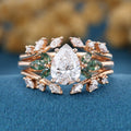 Pear cut Lab Grown Diamond + Moss agate Wedding bridal set