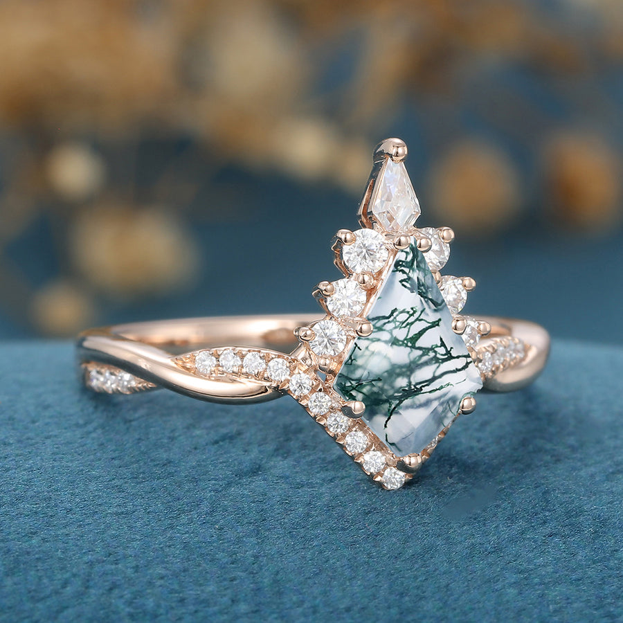 Kite Cut Natural Green Moss Agate Cluster Engagement Ring 
