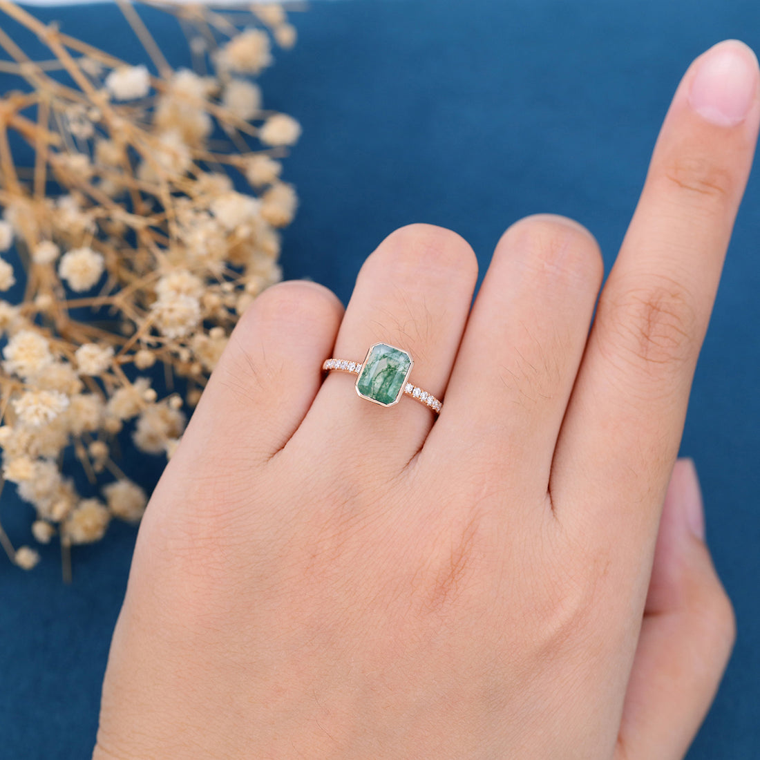 Bezel setting Emerald cut Moss Agate Half Eternity  Moissanite | Diamond Gold Engagement Ring