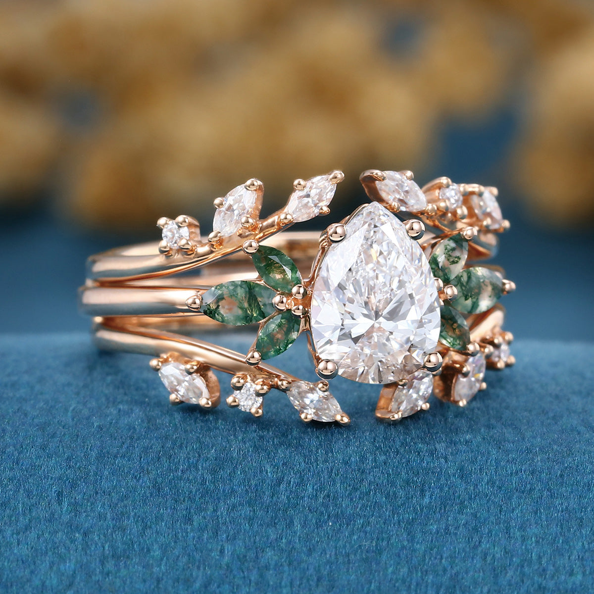 Pear cut Lab Grown Diamond + Moss agate Wedding bridal set
