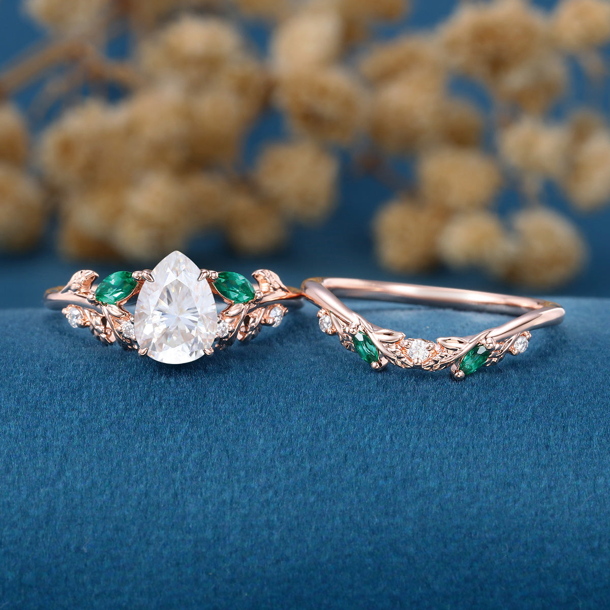 Pear cut Moissanite Engagement ring + Lab Emerald Curved Wedding bridal set