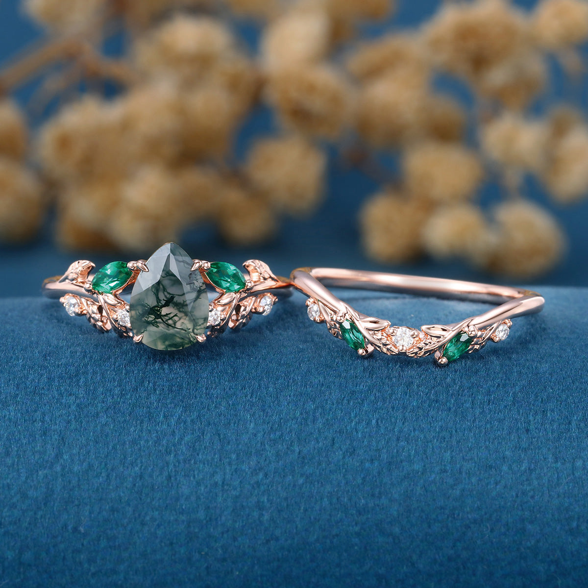 Pear cut Moss Agate Engagement ring + Lab Emerald Curved Wedding bridal set