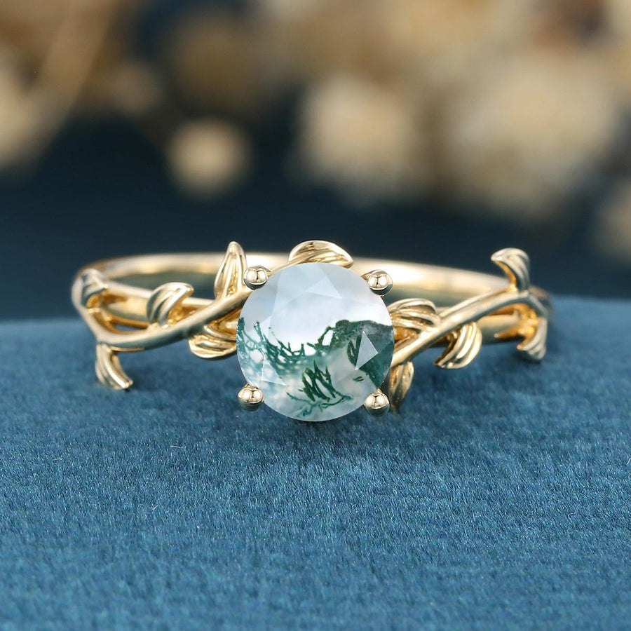 Nature Inspired Round cut Moss Agate Leaf Gold Engagement Ring