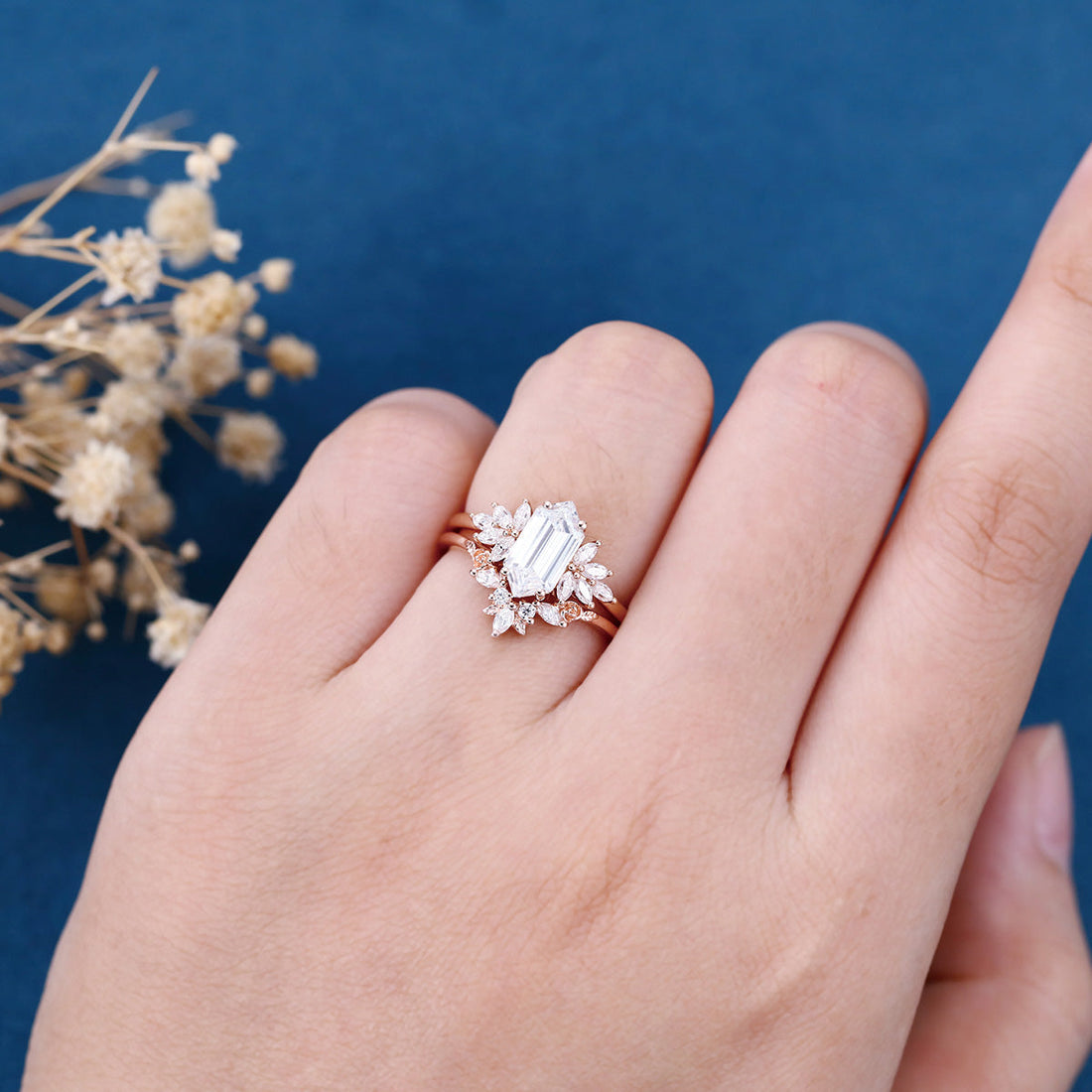 Long Hexagon cut Lab-Grown Diamond Wedding Bridal Set