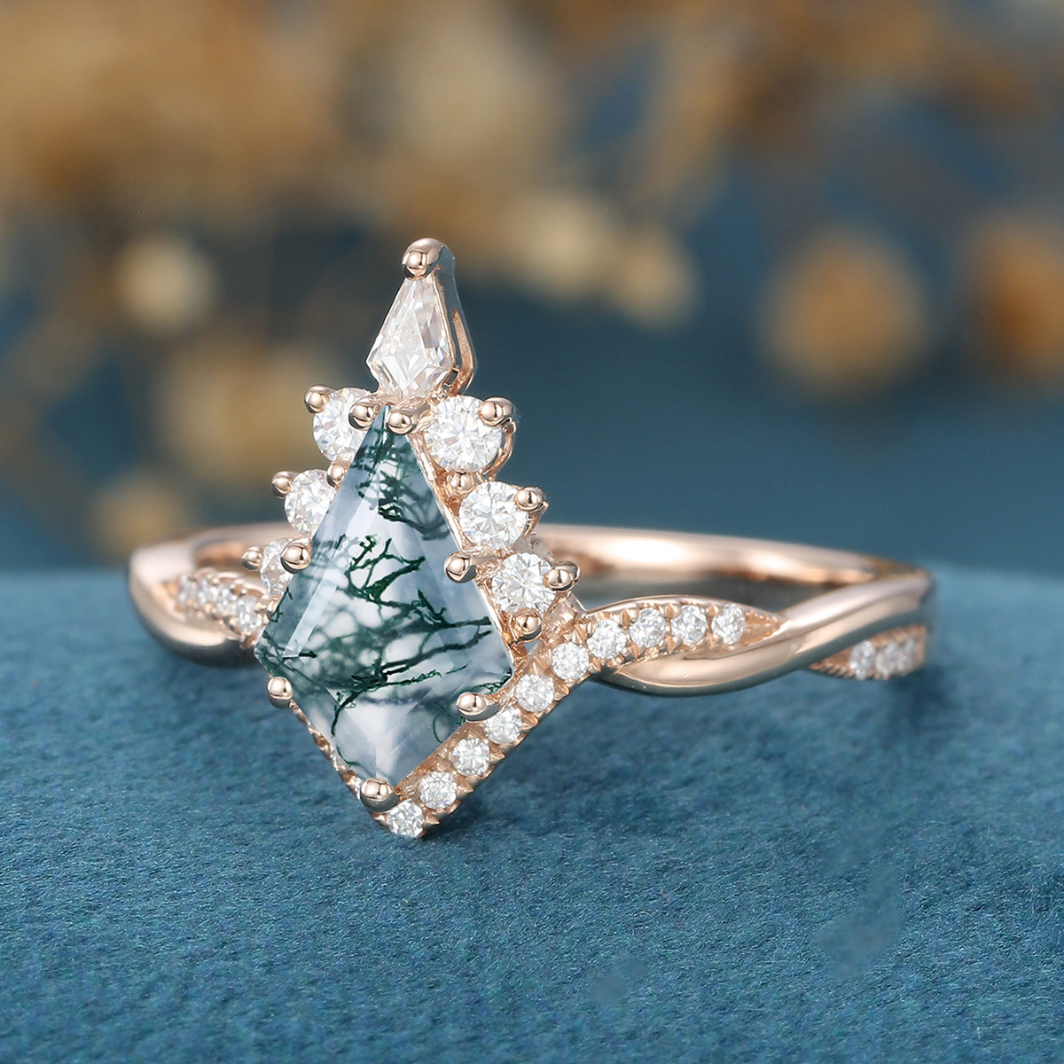 Kite Cut Natural Green Moss Agate Cluster Engagement Ring 