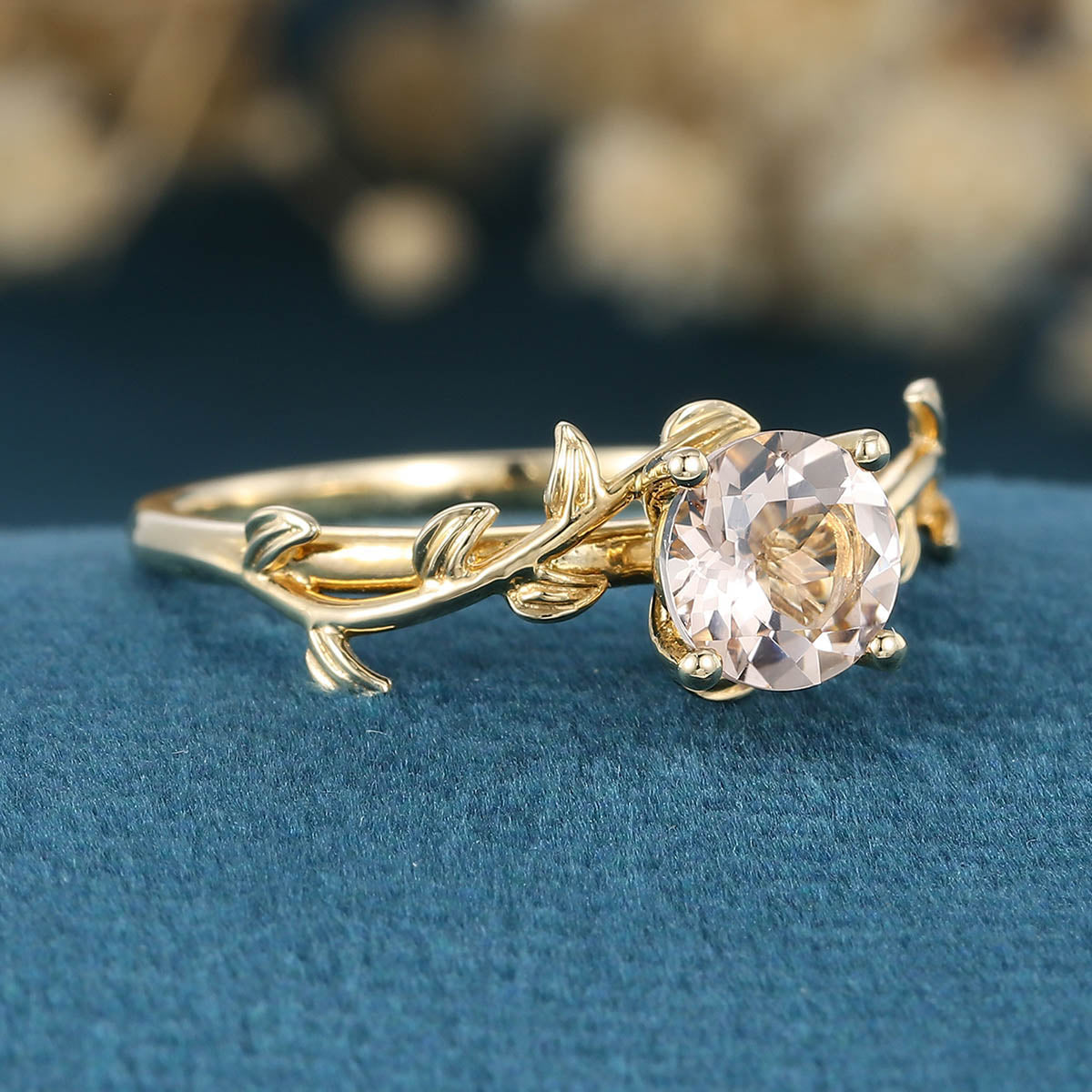 Nature Inspired Round cut Morganite Leaf Gold Engagement Ring