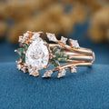 Pear cut Lab Grown Diamond + Moss agate Wedding bridal set