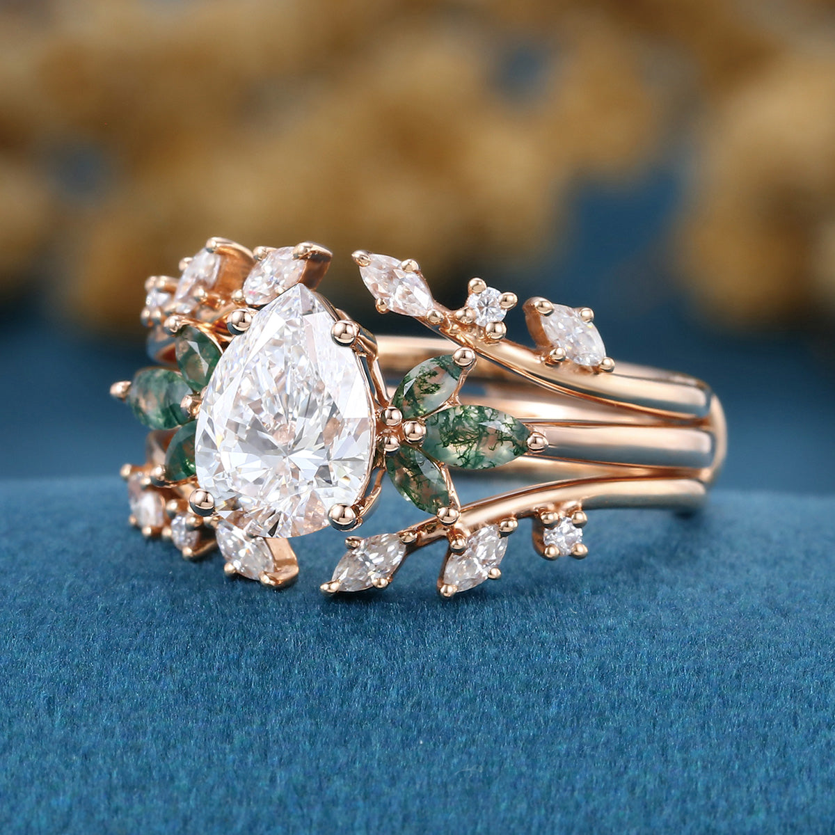 Pear cut Lab Grown Diamond + Moss agate Wedding bridal set