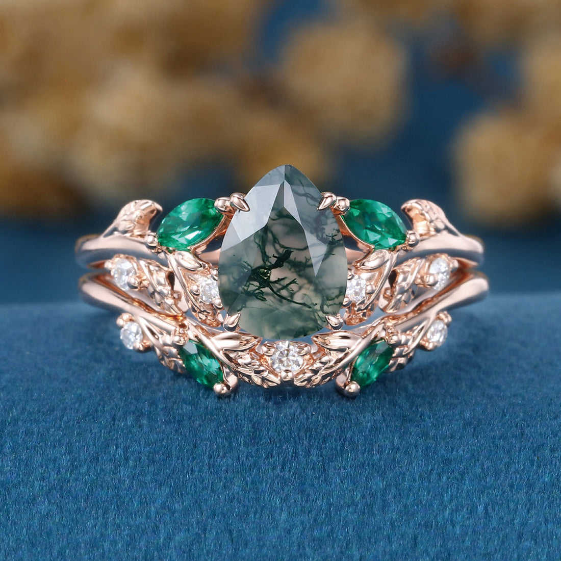 Pear cut Moss Agate Engagement ring + Lab Emerald Curved Wedding bridal set