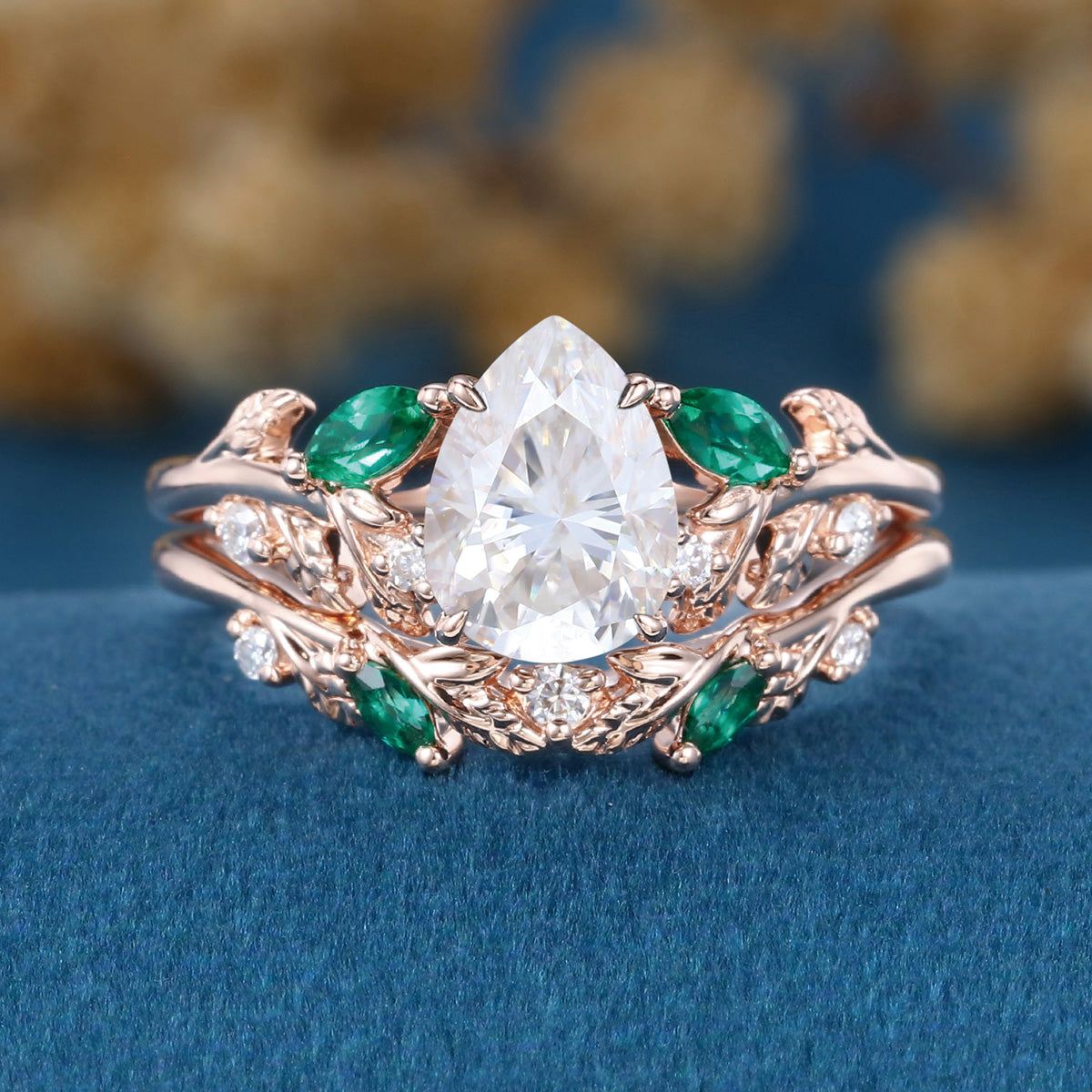 Pear cut Moissanite Engagement ring + Lab Emerald Curved Wedding bridal set