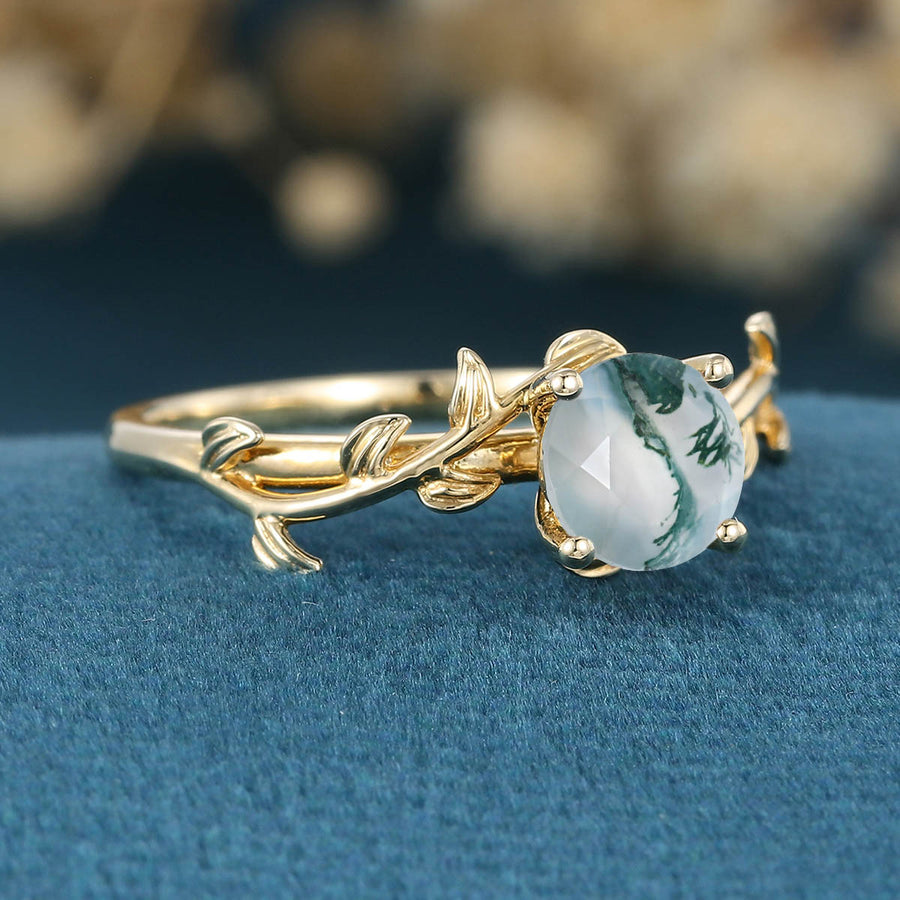 Nature Inspired Round cut Moss Agate Leaf Gold Engagement Ring