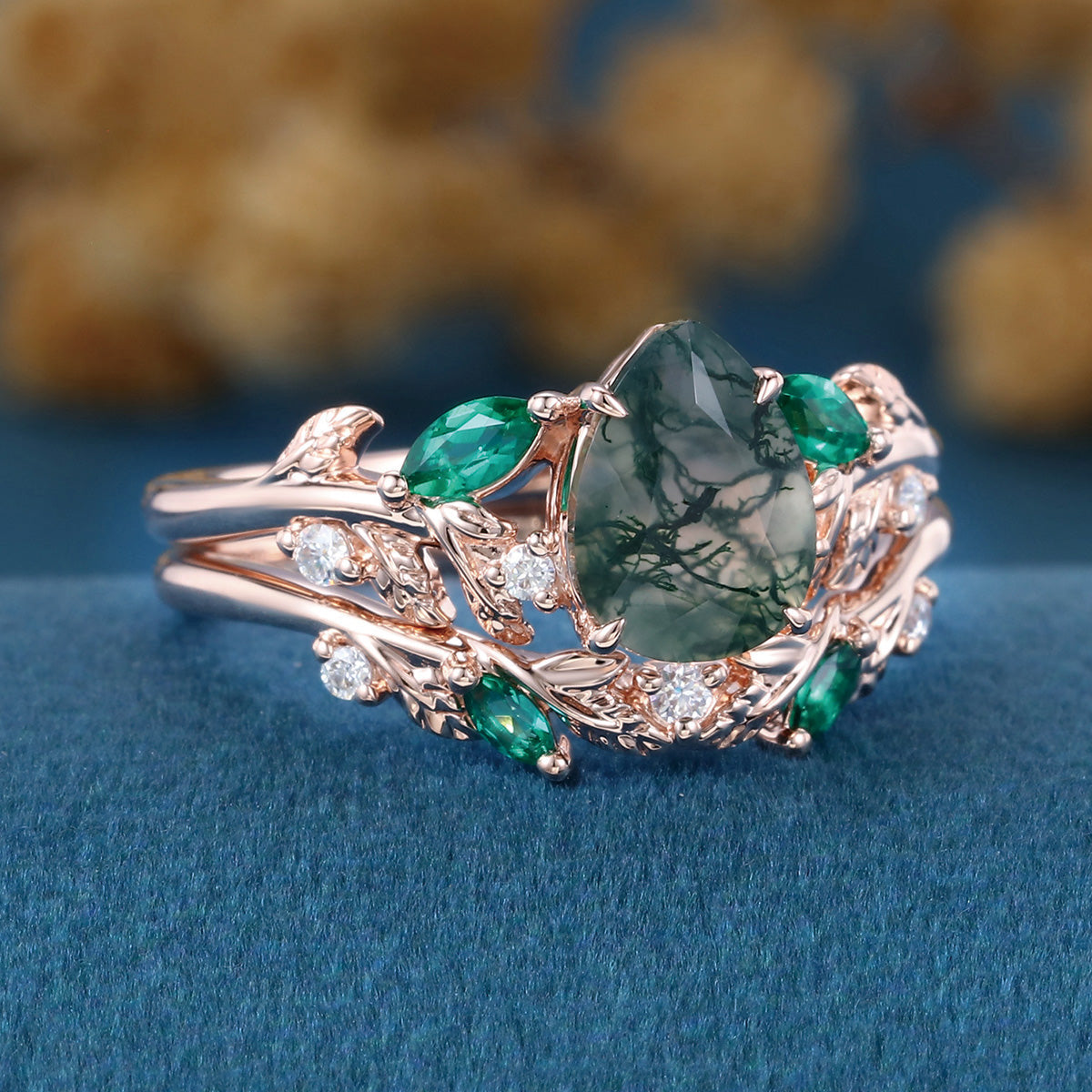 Pear cut Moss Agate Engagement ring + Lab Emerald Curved Wedding bridal set