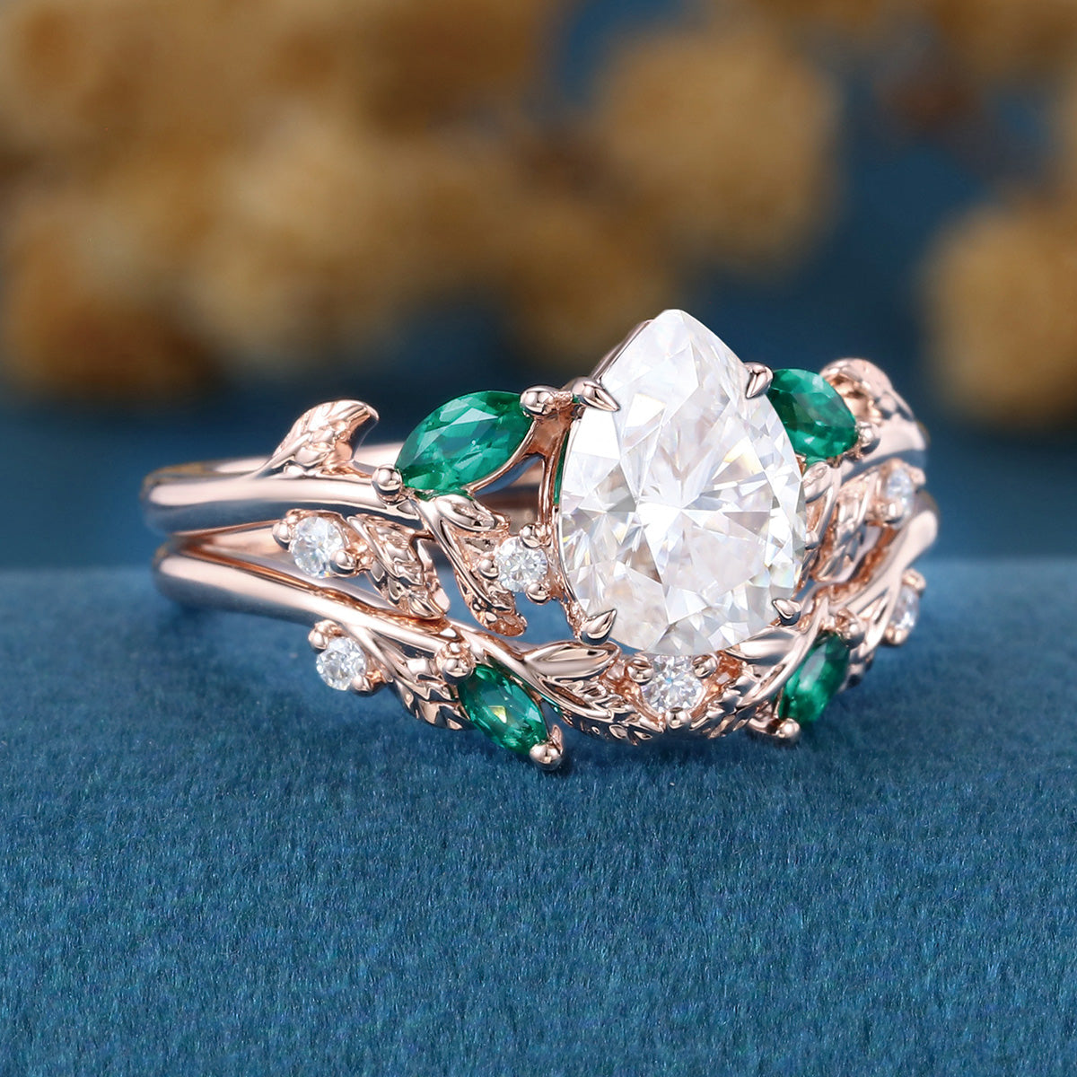 Pear cut Moissanite Engagement ring + Lab Emerald Curved Wedding bridal set