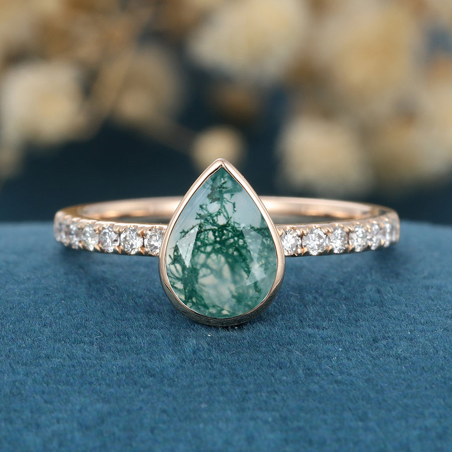 Pear cut Moss Agate Half Eternity Gold Engagement Ring