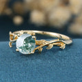 Nature Inspired Round cut Moss Agate Leaf Gold Engagement Ring