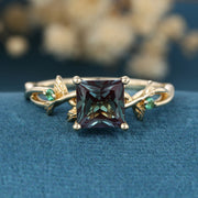 Nature Inspired Princess cut LabAlexandrite Leaf Gold Engagement Ring
