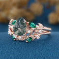 Pear cut Moss Agate Engagement ring + Lab Emerald Curved Wedding bridal set