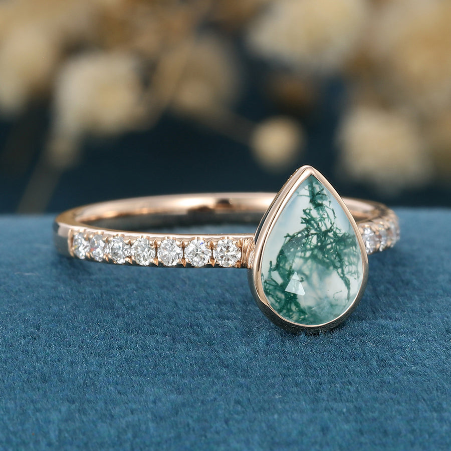 Pear cut Moss Agate Half Eternity Gold Engagement Ring