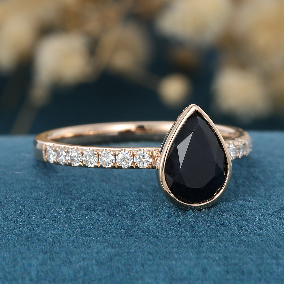 Bezel Set Pear cut Black Onyx Half Eternity Gold Engagement Ring