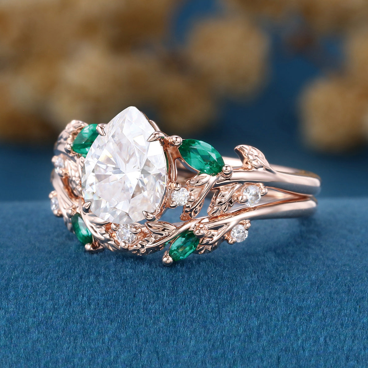 Pear cut Moissanite Engagement ring + Lab Emerald Curved Wedding bridal set