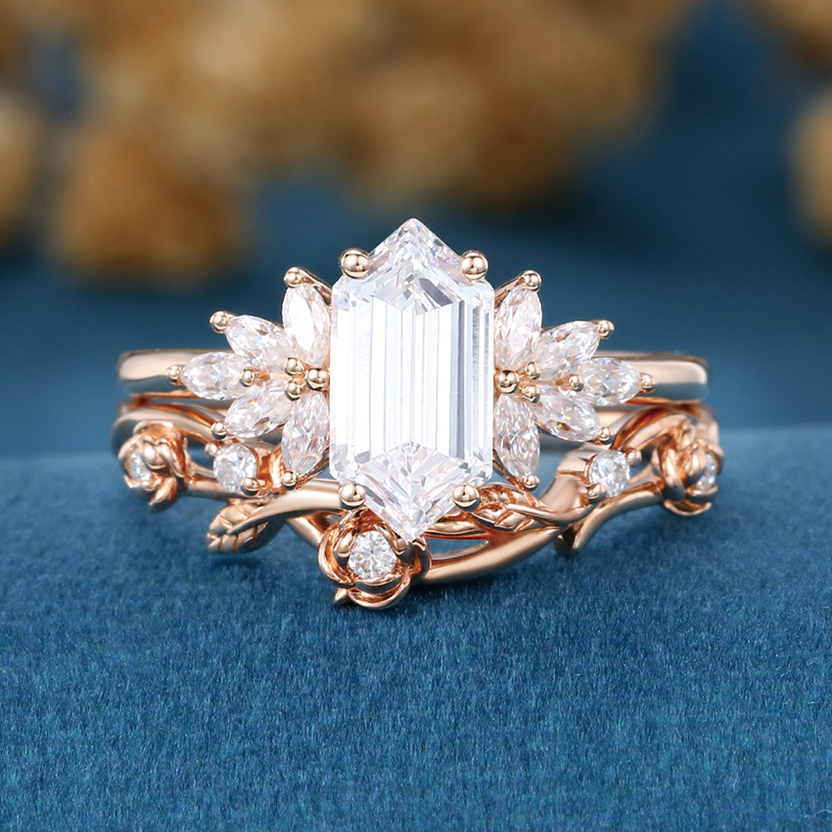 Hexagon cut Lab grown Diamond Wedding bridal set