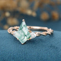 Kite Cut Natural Green Moss Agate Cluster Engagement Ring 