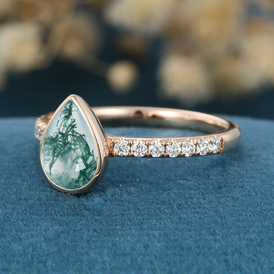 Pear cut Moss Agate Half Eternity Gold Engagement Ring