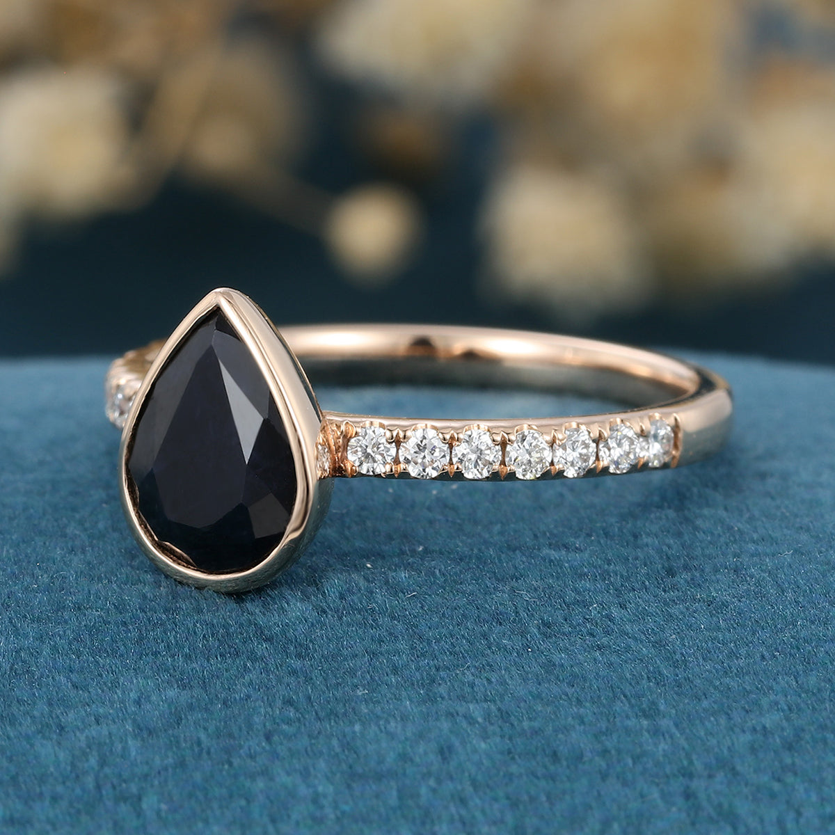 Bezel Set Pear cut Black Onyx Half Eternity Gold Engagement Ring