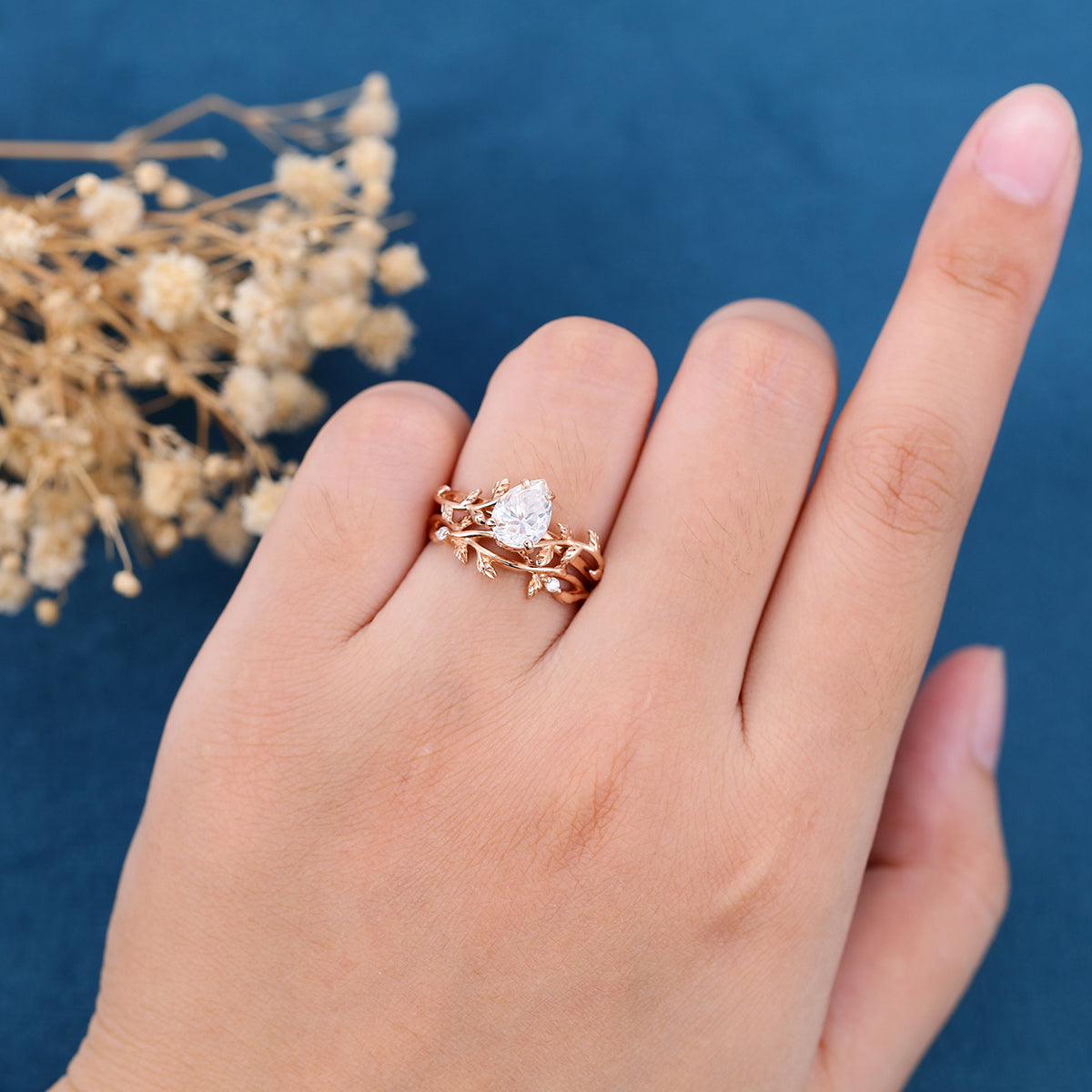 Copy of Nature Inspired Pear cut Moss Agate Leaf Gold ring set