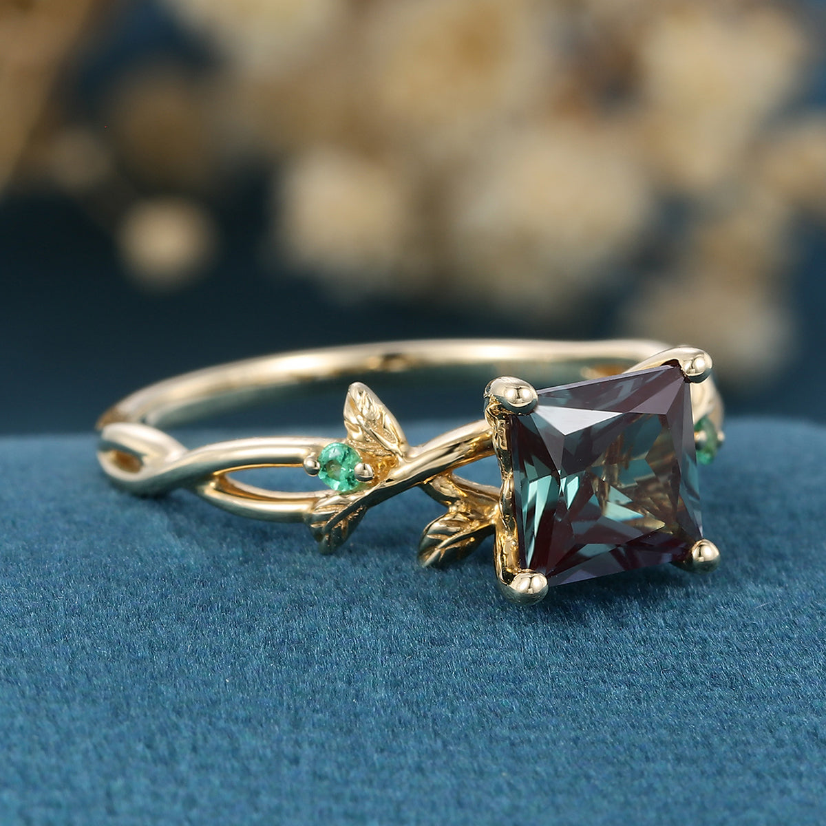 Nature Inspired Princess cut LabAlexandrite Leaf Gold Engagement Ring