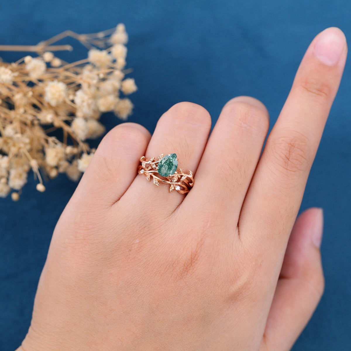 Nature Inspired Pear cut Moss Agate Leaf Gold ring set