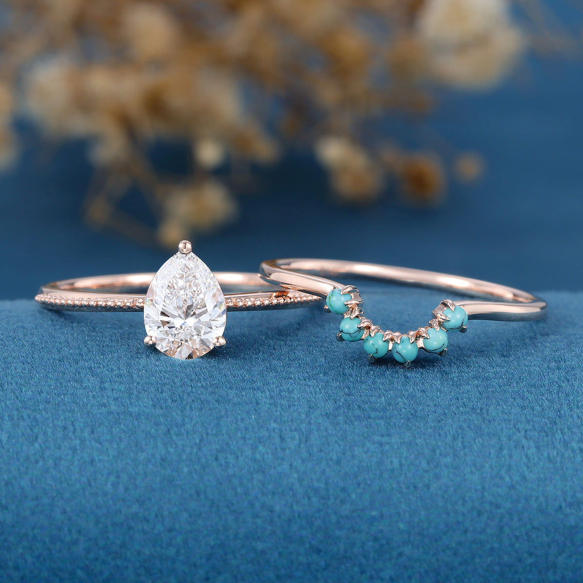 1.2 Carat Pear cut Lab Grown Diamond + Turquoise Wedding bridal set