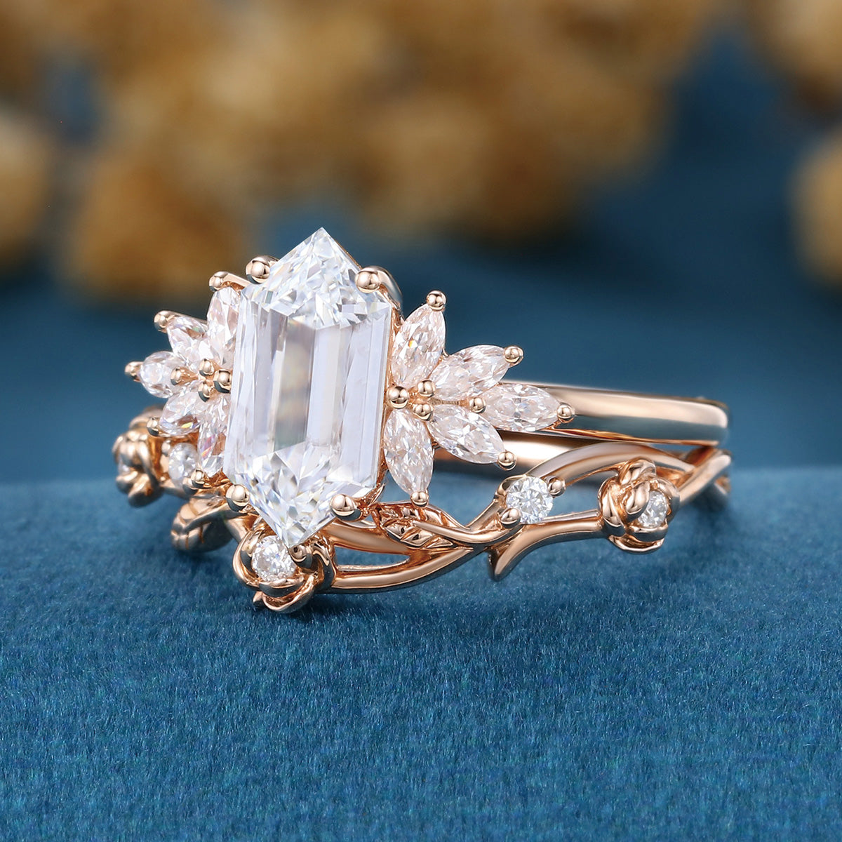 Hexagon cut Lab grown Diamond Wedding bridal set