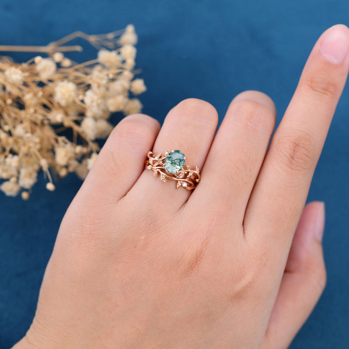 Nature Inspired Oval cut Moss Agate Leaf Gold ring set