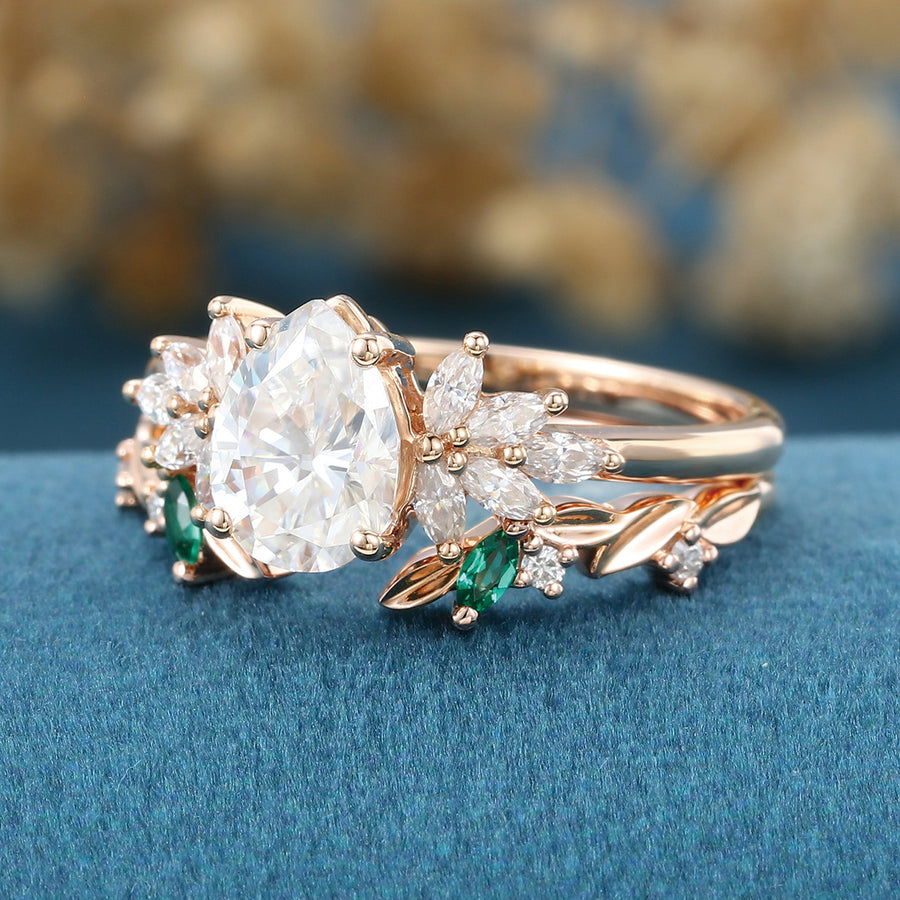 Pear cut Moissanite Matching Diamonds | Lab Grown Emerald Rose Gold Wedding Bridal Set