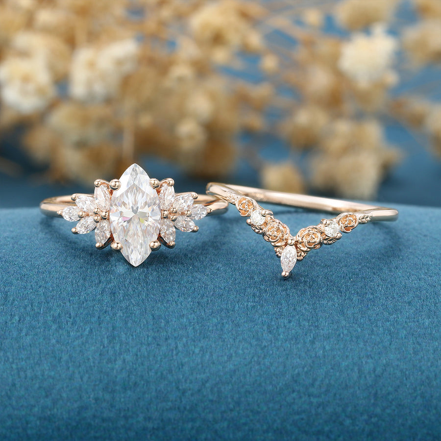 1.0Carat Marquise cut Moissanite Engagement Ring Cluster diamonds Rose Gold Wedding Bridal Set