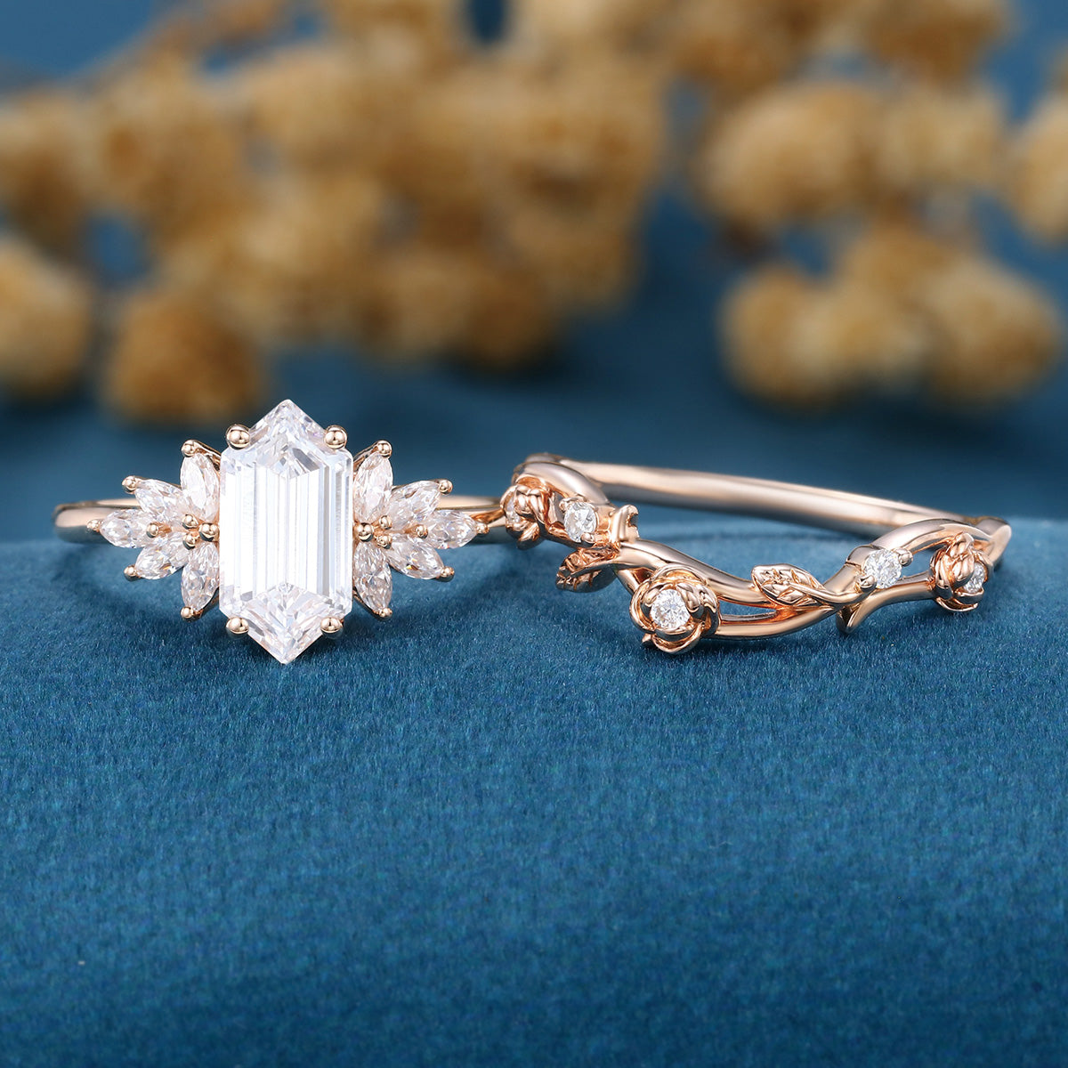 Hexagon cut Lab grown Diamond Wedding bridal set