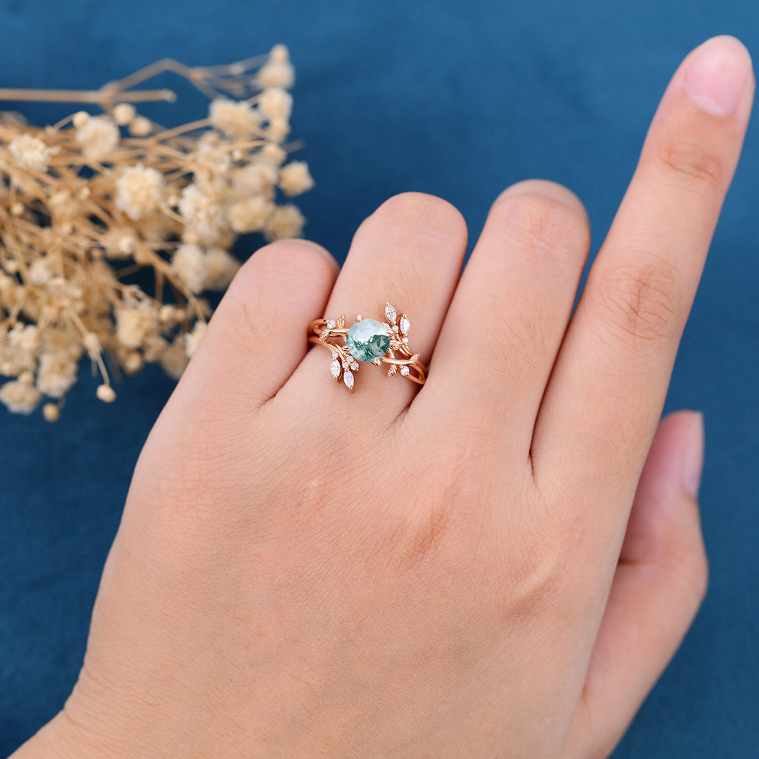 Nature Inspired Round cut Moss Agate Leaf Gold ring set