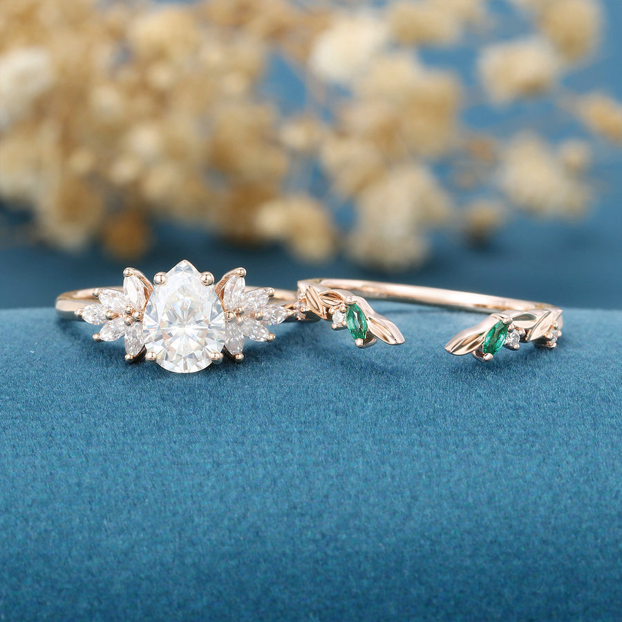 Pear cut Moissanite Matching Diamonds | Lab Grown Emerald Rose Gold Wedding Bridal Set