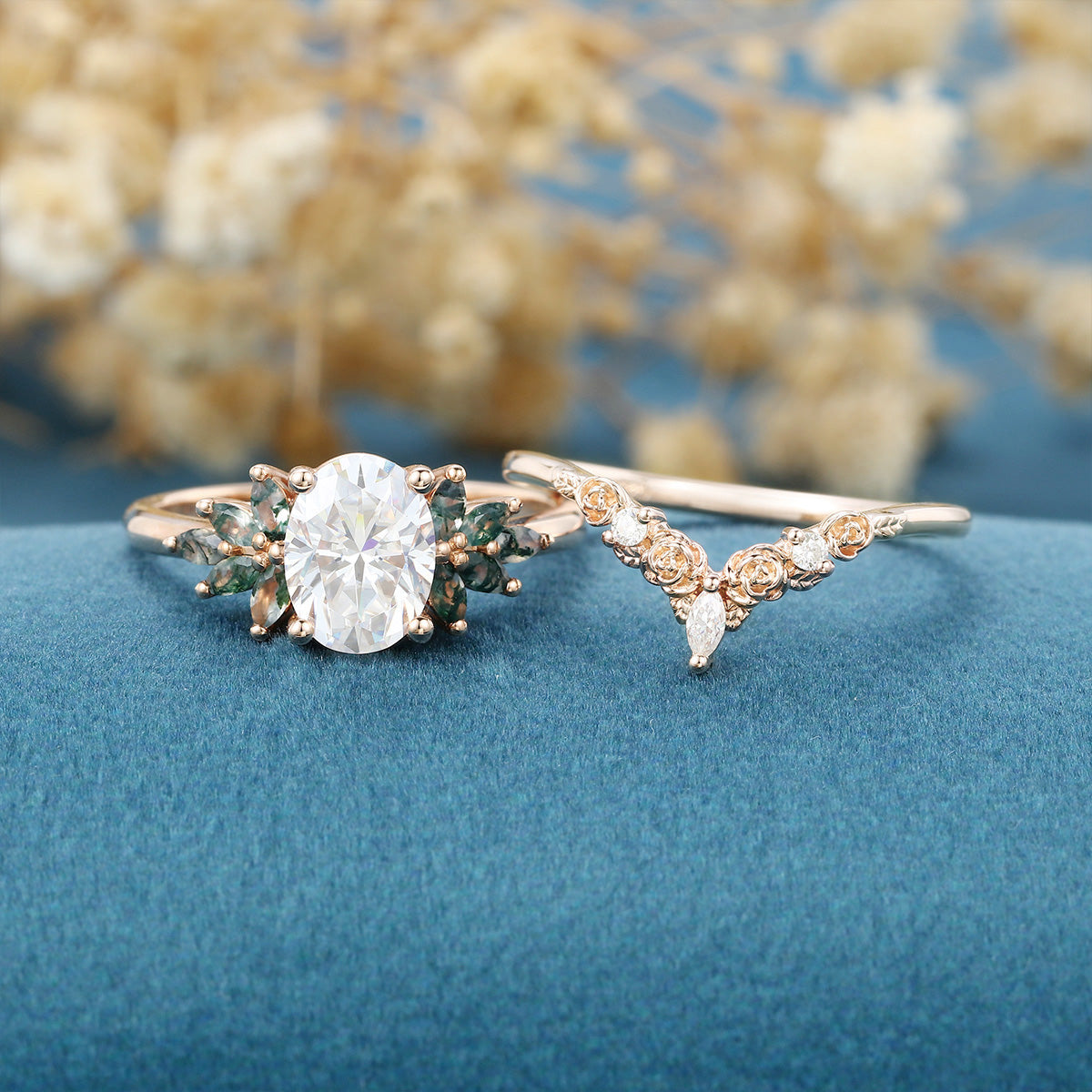 Oval Cut Moissanite+Moss Agate Rose Gold Wedding Bridal set