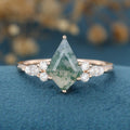 Kite Cut Natural Green Moss Agate Cluster Engagement Ring 