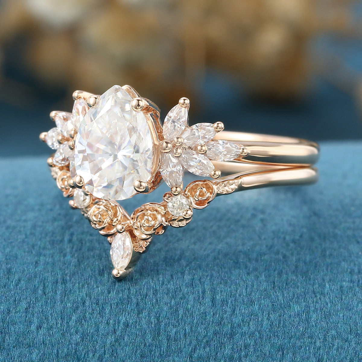 1.2Carat Pear cut Moissanite Engagement Ring Cluster diamonds Rose Gold Wedding Bridal Set