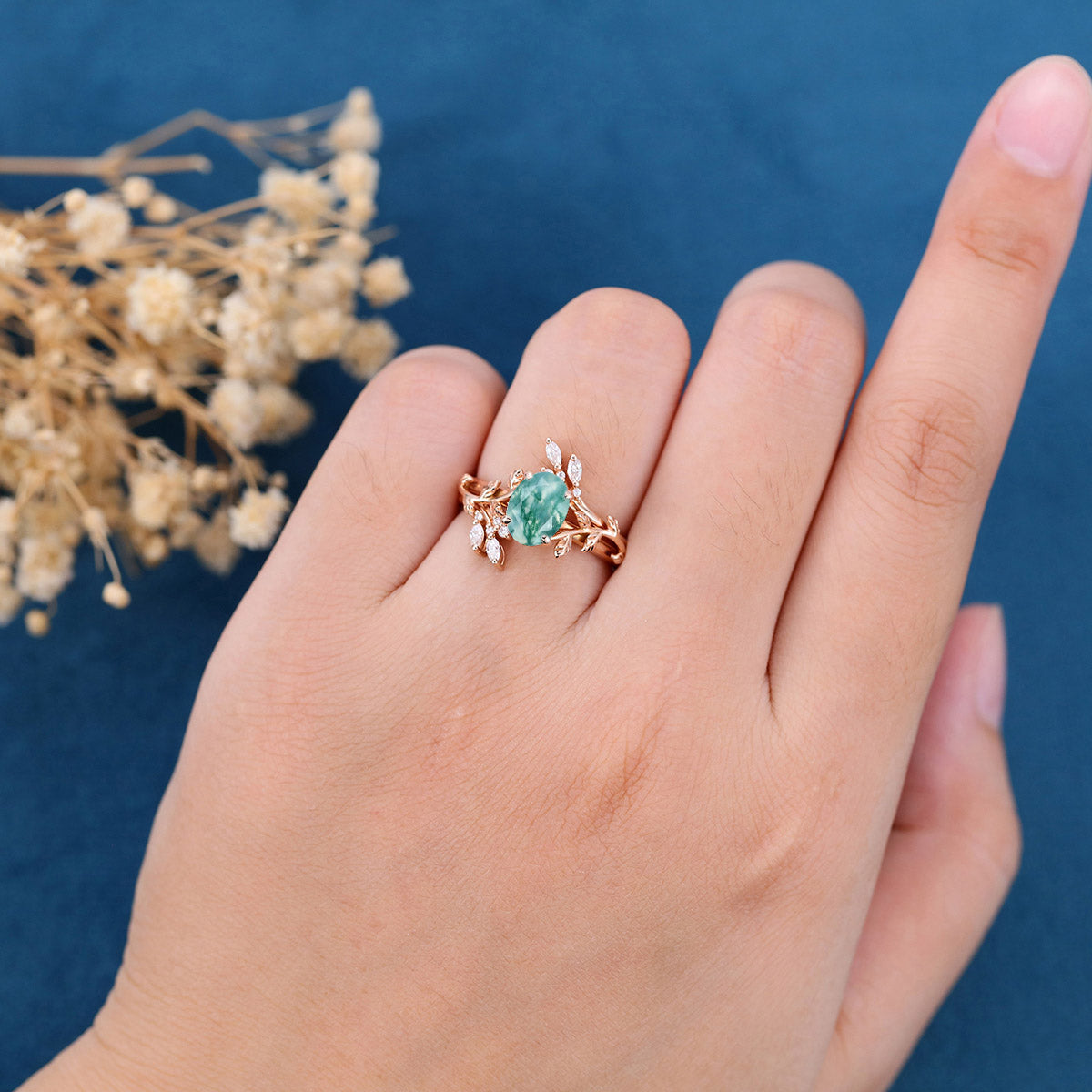 Nature Inspired Oval cut Moss Agate Leaf Gold ring set