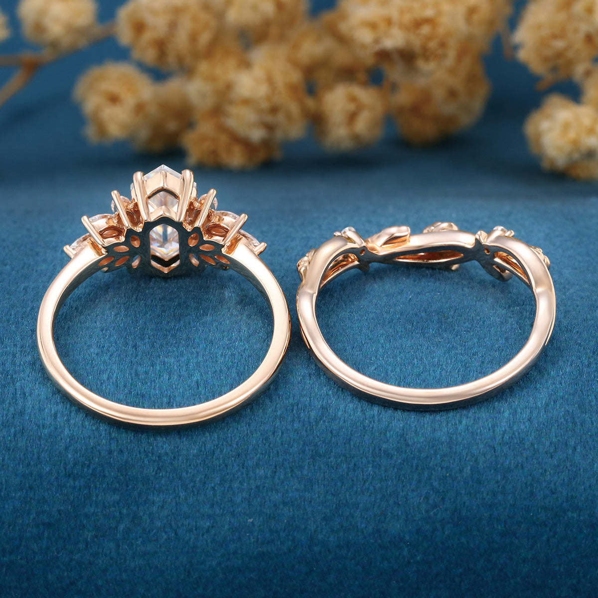 Hexagon cut Lab grown Diamond Wedding bridal set