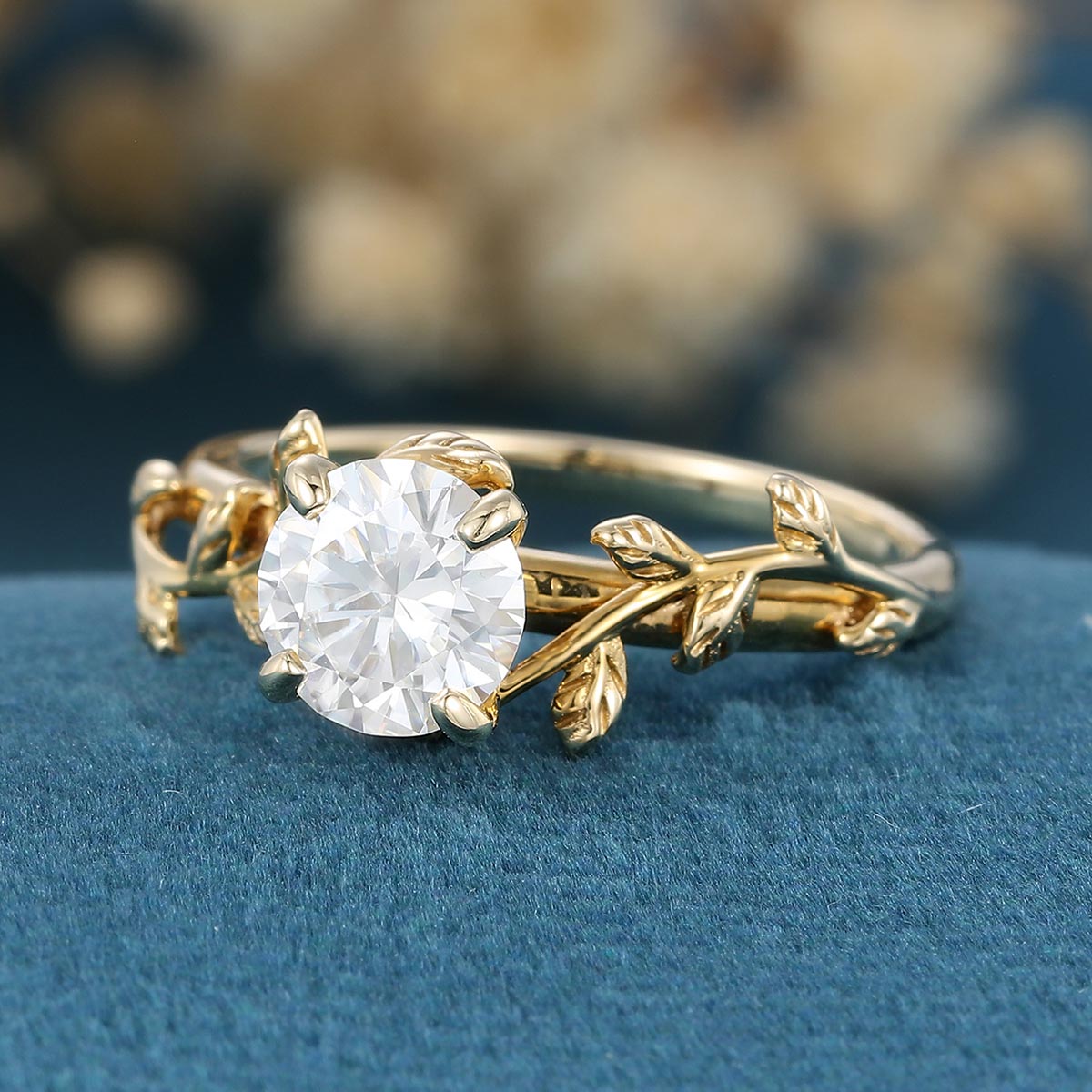 Nature Inspired Round cut Moissanite Leaf Gold Engagement Ring